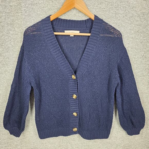 LOFT WOMEN'S NAVY BLUE KNIT BUTTON CARDIGAN – SIZE XS – COTTON BLEND – TEXTURED - Picture 3 of 13